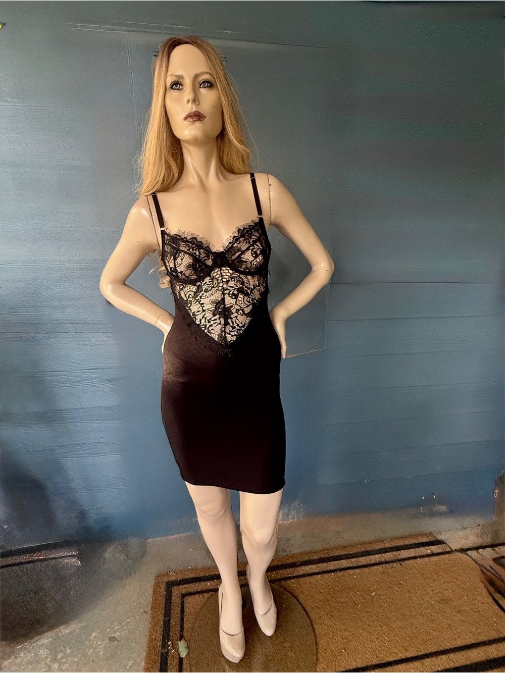 Lace-Front Black Slip Dress with Sheer Bodice